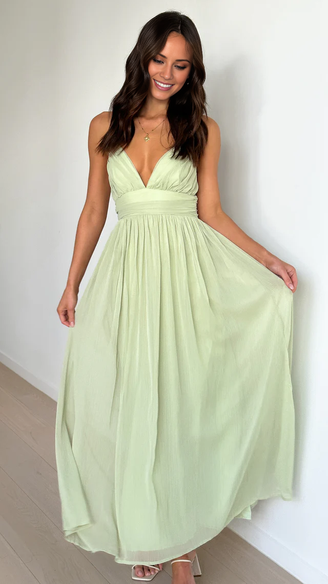 V-neck slim shoulder strap backless and floor length Prom dress