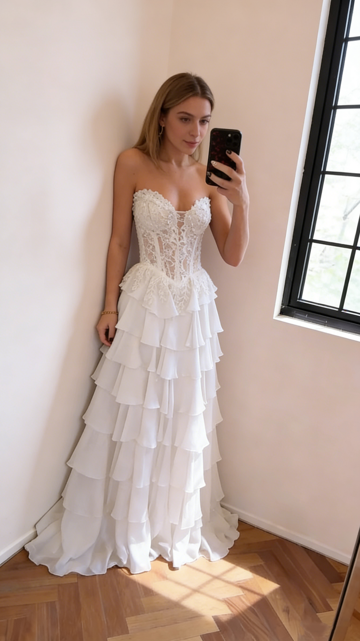 Gorgeous Strapless Navy Blue Chiffon Layered Long Party Dress Birthday Prom Dress With Appliques SP1673