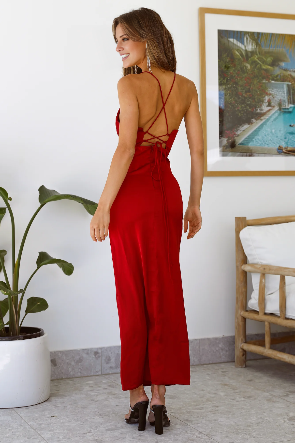 layered neckline thin shoulder straps side slits long Prom dress