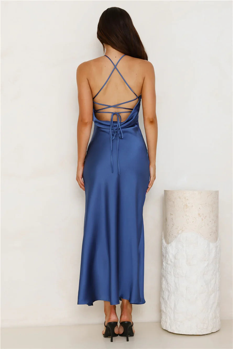 halter neckline satin backless side slit long Prom dress