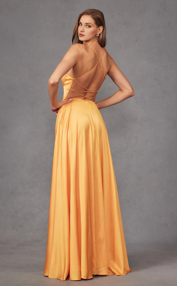Thin shoulder strap satin backless slit and floor length Prom dress