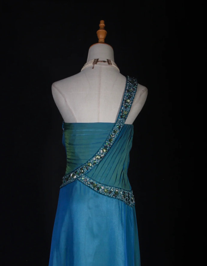 Unique Blue One Shoulder Satin Pleated Beaded Mermaid Prom Dress Long Birthday Evening Gowns