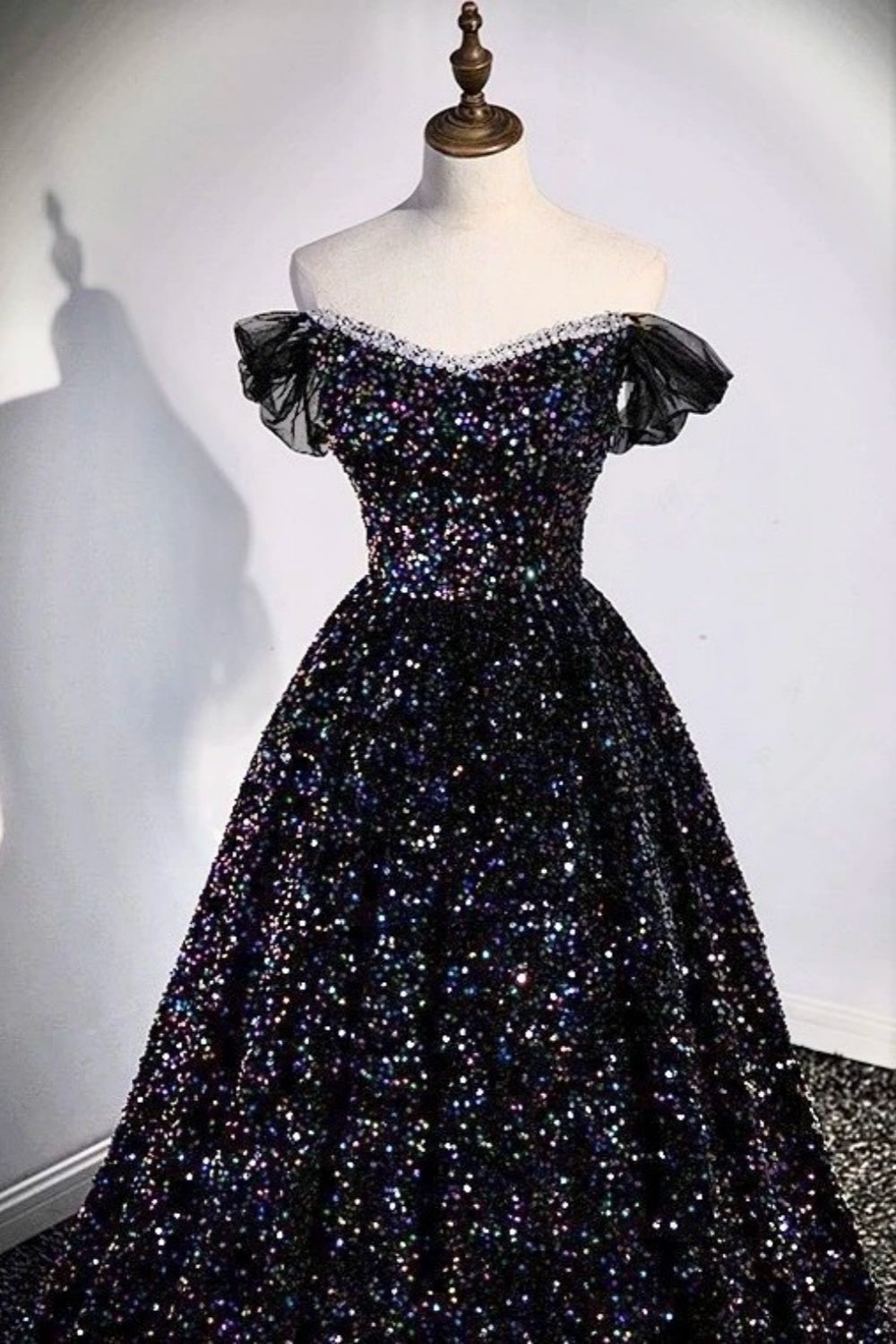 Midnight Galaxy - Off-the-shoulder dazzling sequined evening gown gh7072