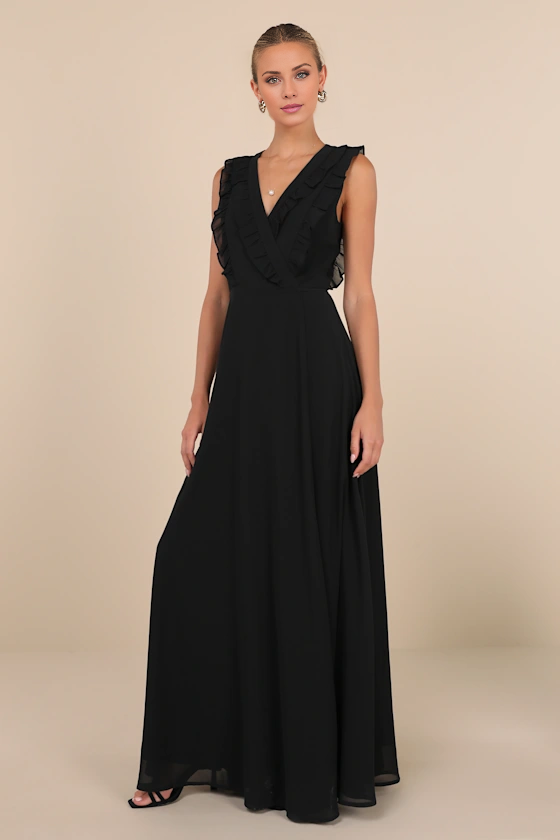 A-line V-neck sleeveless ruffle and floor length evening dress