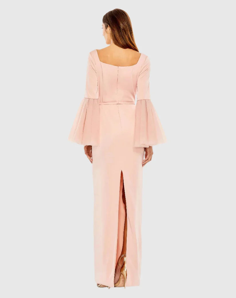 Ruffle sleeves square neck back slit floor length evening dress
