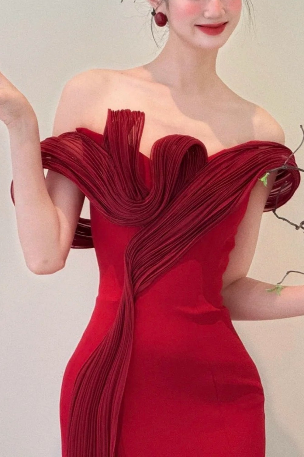 girlhomeshops- Red Off-The-Shoulder Bodycon Satin Floor-Length Ball Gown Prom Dress gh5963