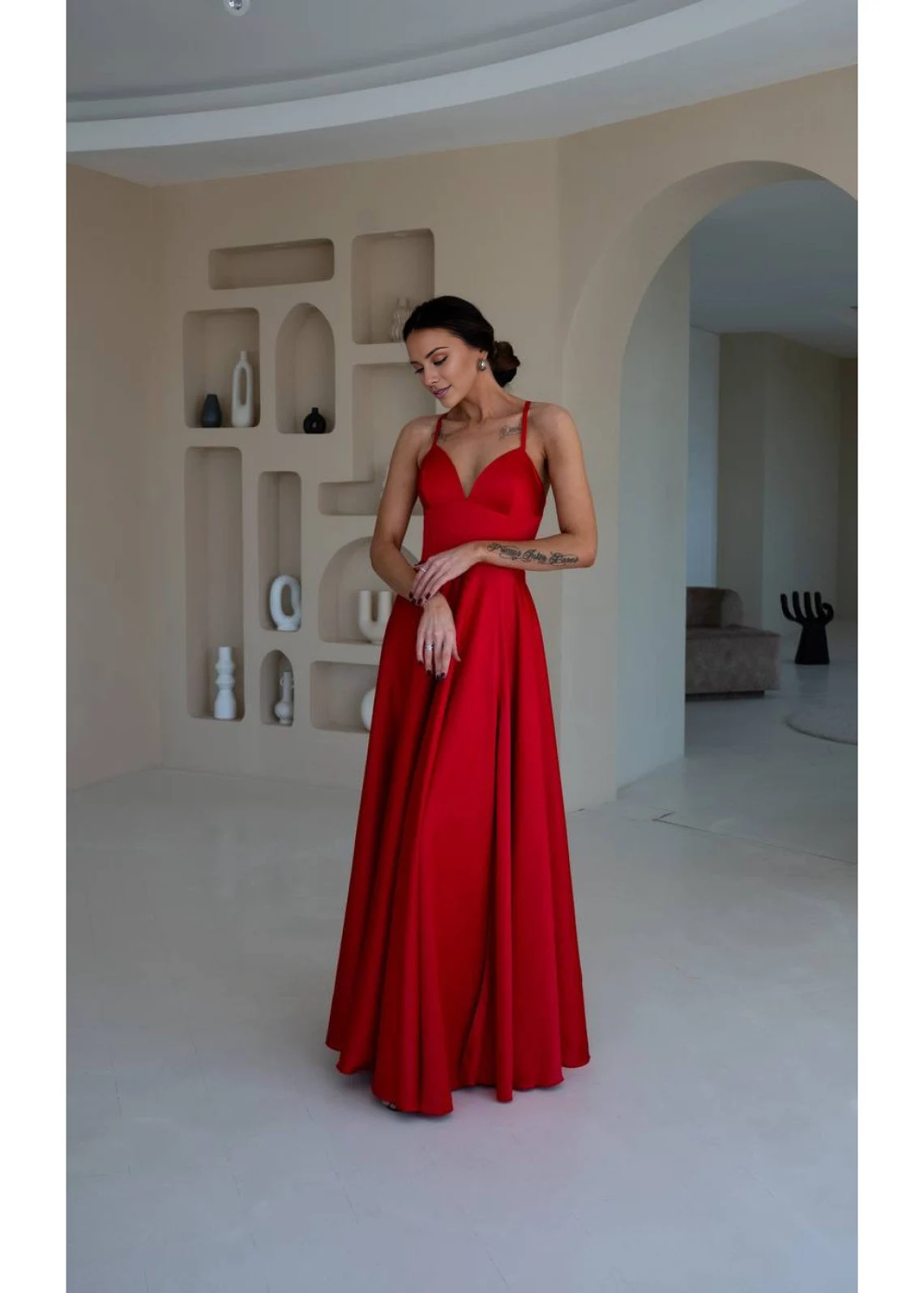 slim shoulder strap V-neck backless side slit and floor length evening dress