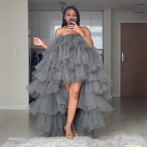 Grey Tulle Strapless Prom Dresses High Low Prom Dress Evening Gown