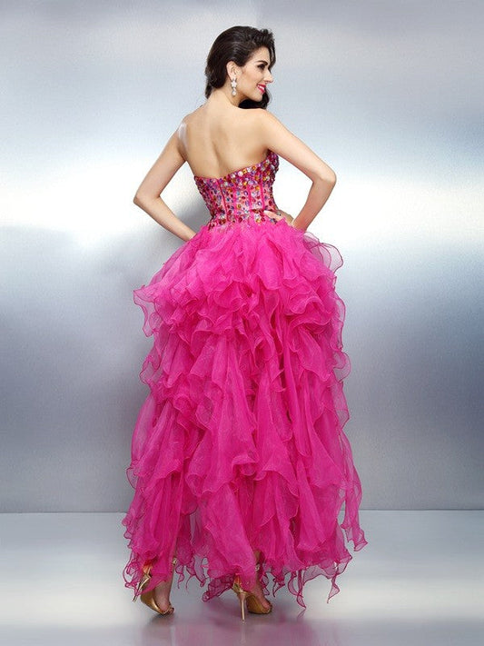 A-Line/Princess Sweetheart Neck Rhinestone Sleeveless High Low Organza Cocktail Dresses