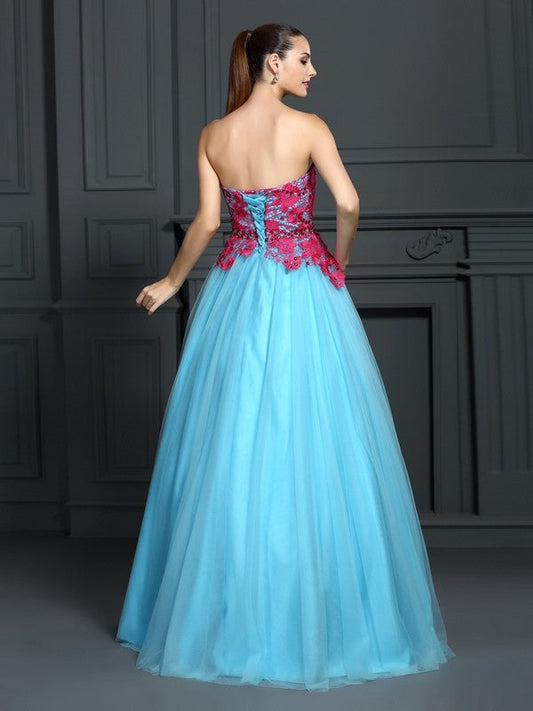 Ball Gown Sweetheart Lace Sleeveless Long Satin Quinceanera Dresses