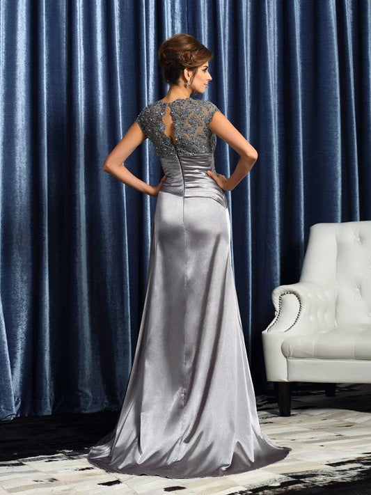 Trumpet/Mermaid Scoop Beading Short Sleeves Long Woven Satin Mother of the Bride Dresses