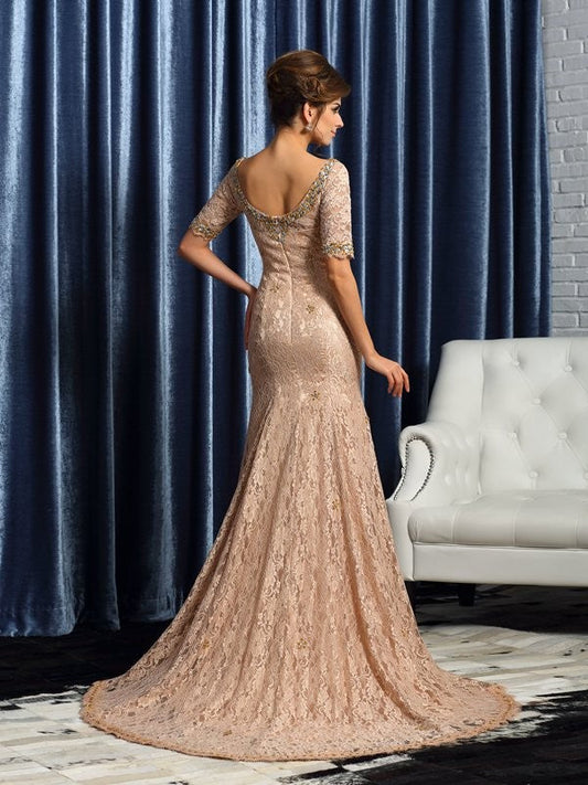 Trumpet/Mermaid V-neck Lace 1/2 Sleeves Long Woven Satin Mother of the Bride Dresses