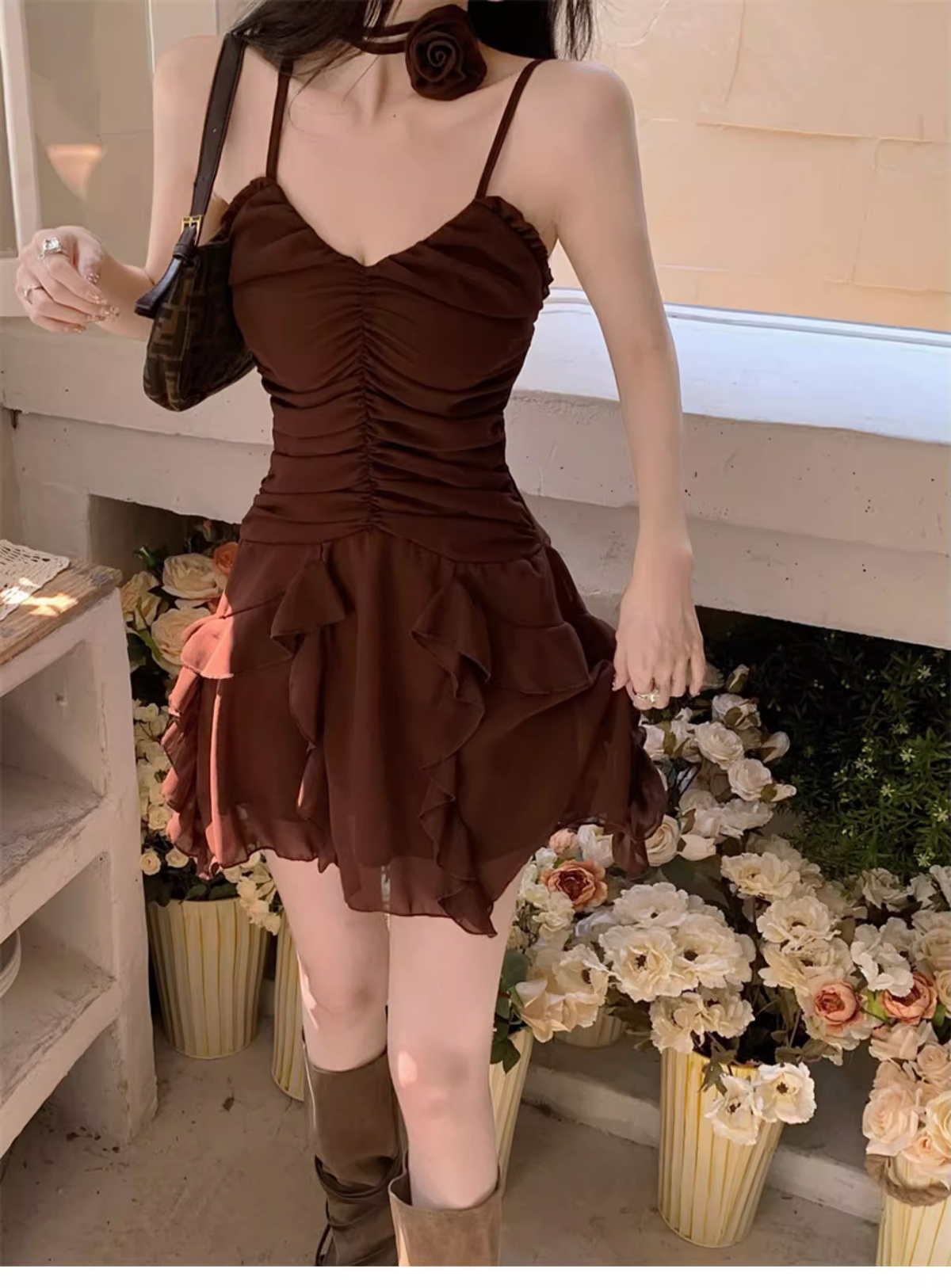 Sweet V-neck Irregular Ruffled Hem Design A-line Spaghetti Strap Dress TP3574