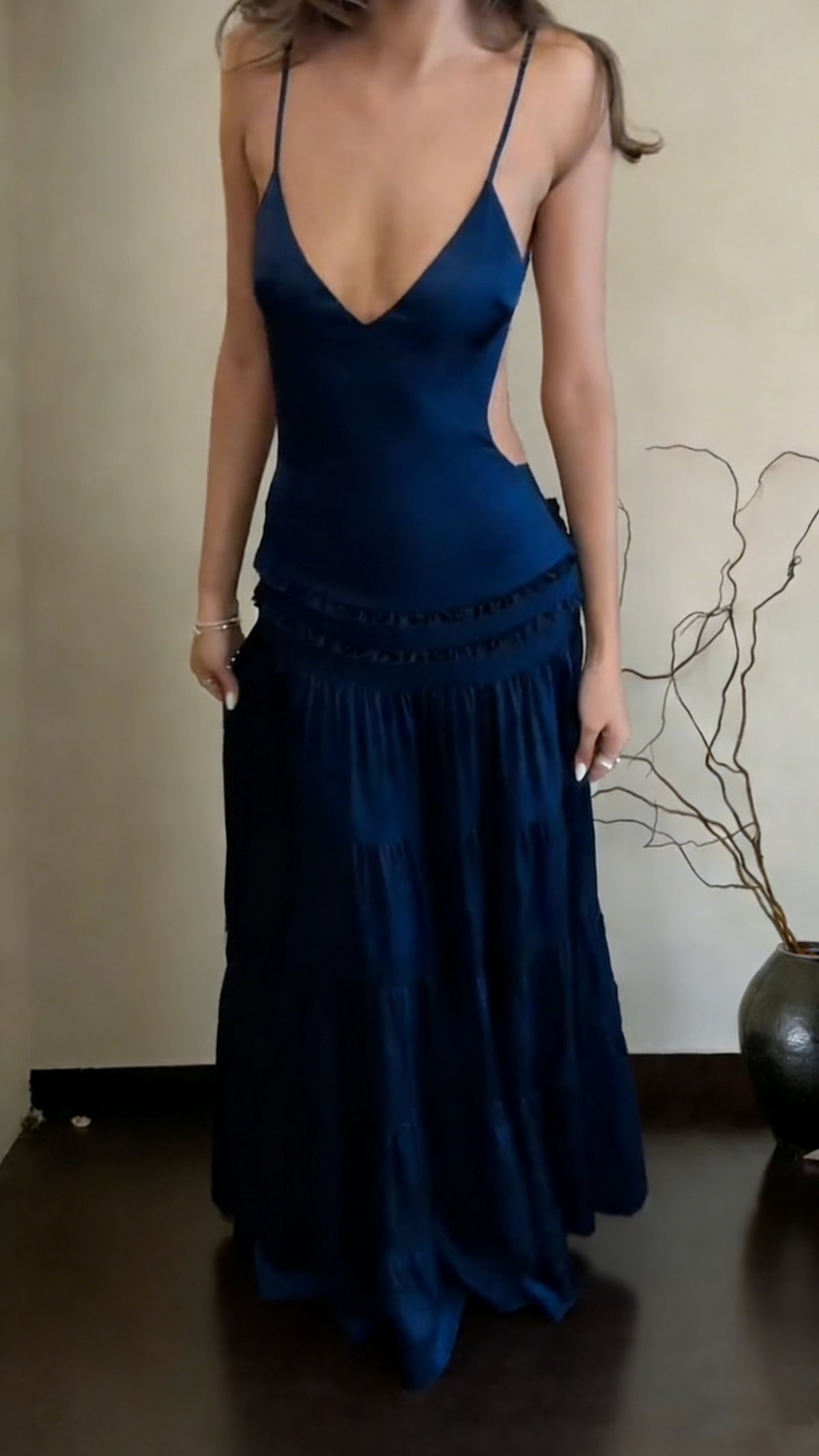 Stylish Navy Blue Satin V Neck Long Party Dress Spaghetti Straps Wedding Guest Dress SP1535