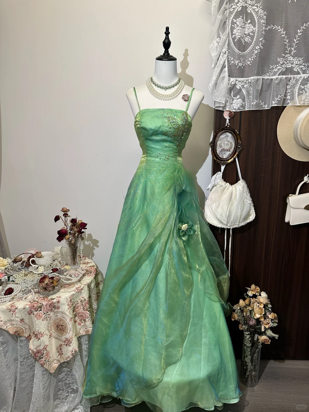 Vintage Green A-Line Beaded Spaghetti Strap Evening Dress A-Line 3D Flowers Long Prom Dress TP4991