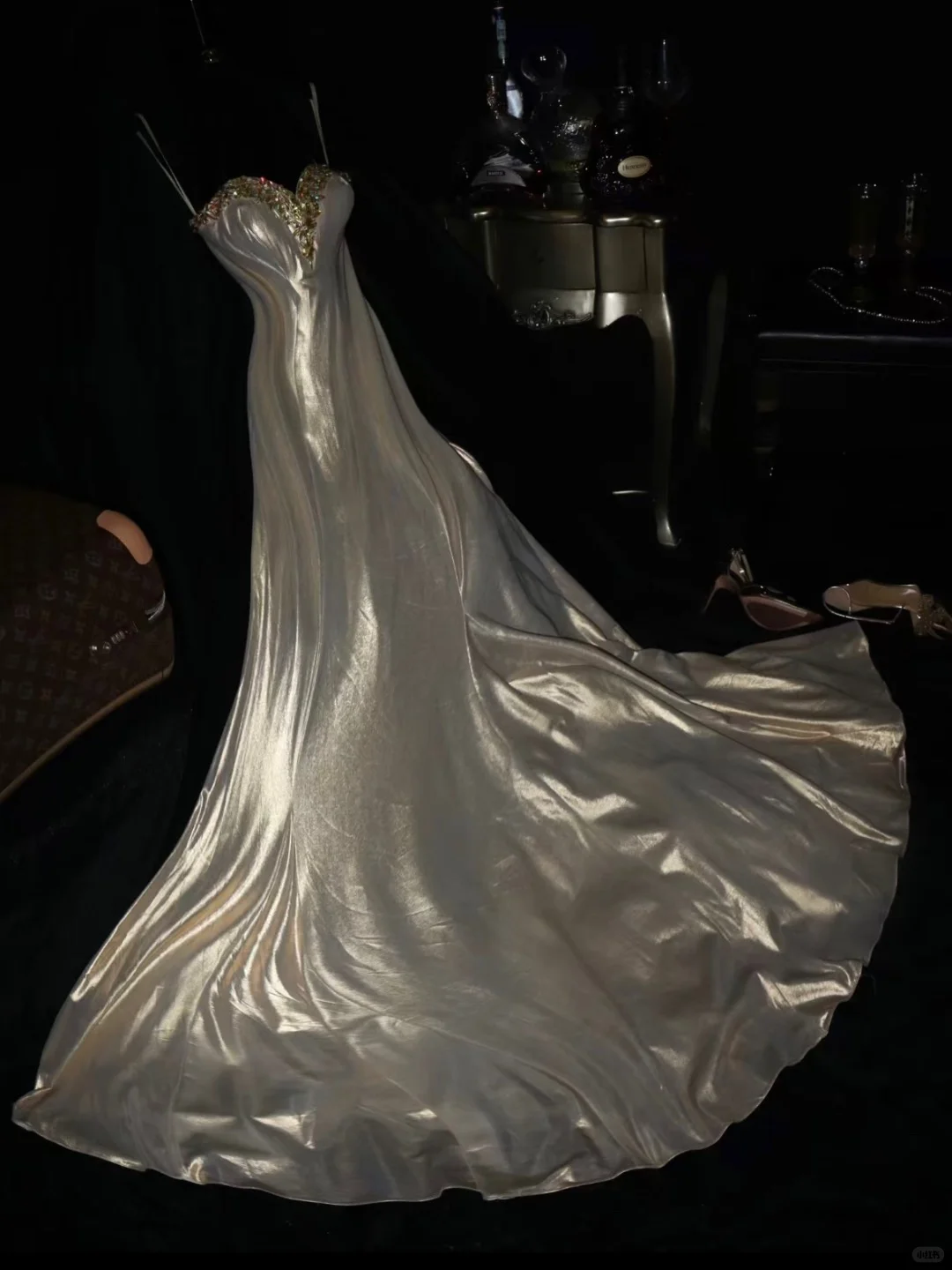 Glamorous Silver-Grey Satin Sweetheart Rhinestone Baeded Evening Gown TP5365