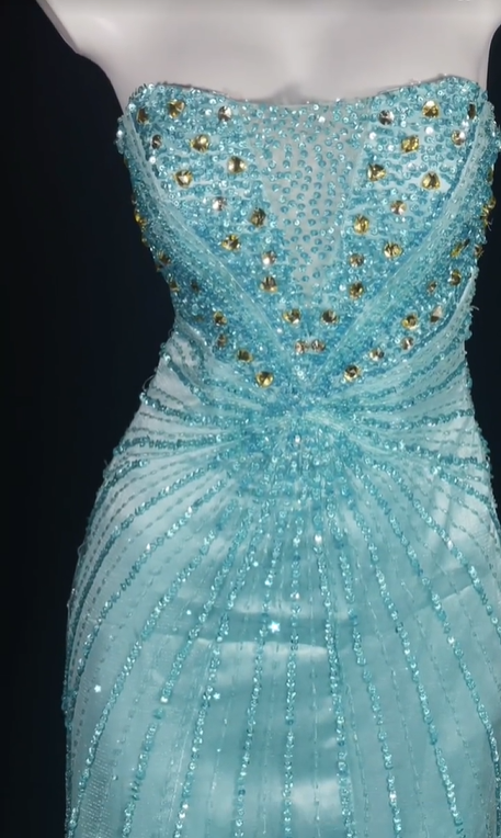 Light Blue Strapless Beaded Slim Fit Cinched Waist Sexy Floor Length Prom Dress, Evening Formal Gown gh7183