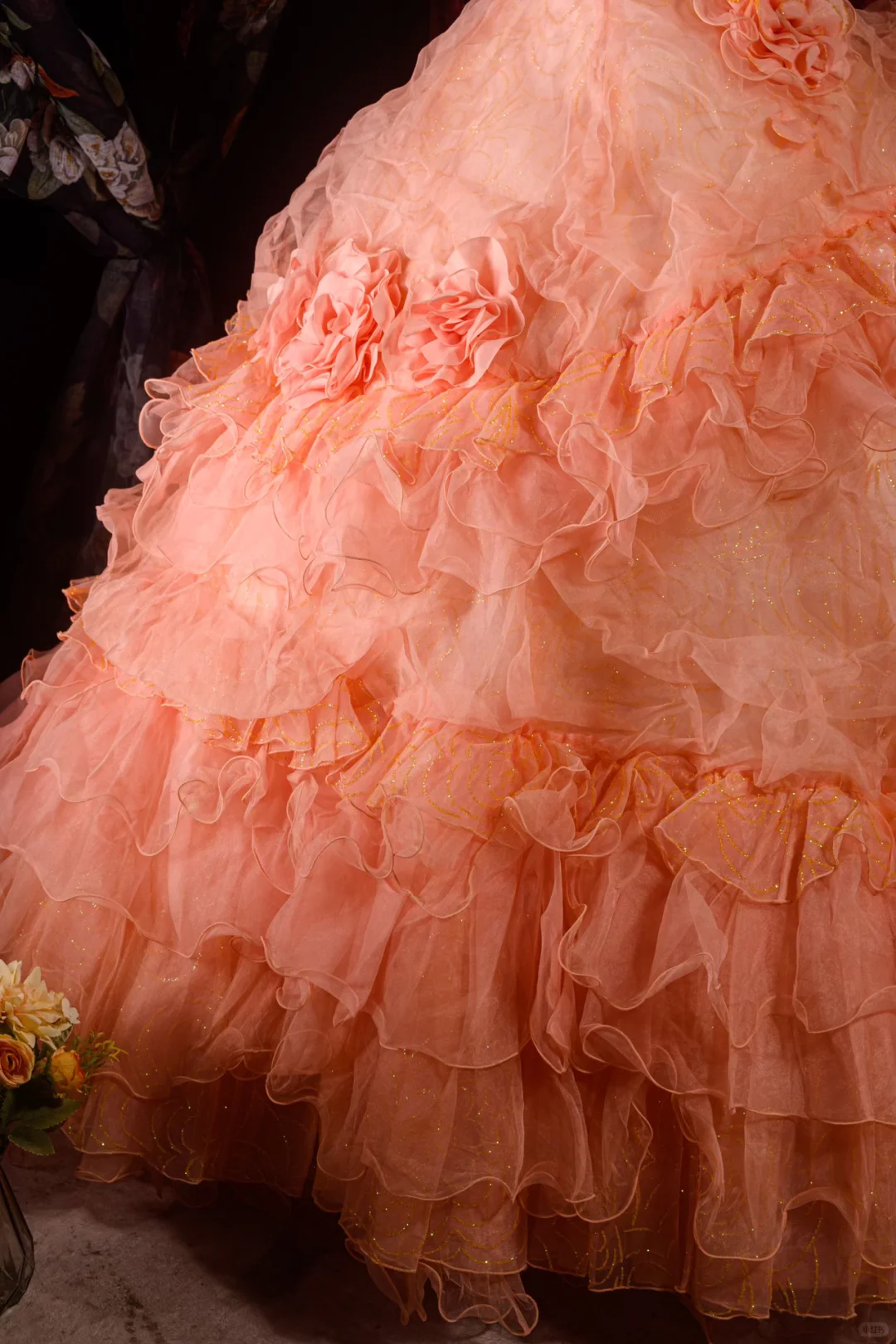 Vintage-Inspired Peach Pink Floral Ruffled Off-Shoulder Ball Gown Tiered Tulle Quinceañera Formal Dress TP5113