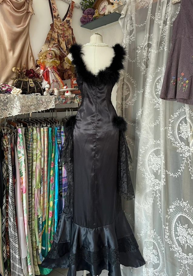 Fashion Black Sleeveless Satin Lace Mermaid Evening Dress Long Birthday Prom Dress Party Gown