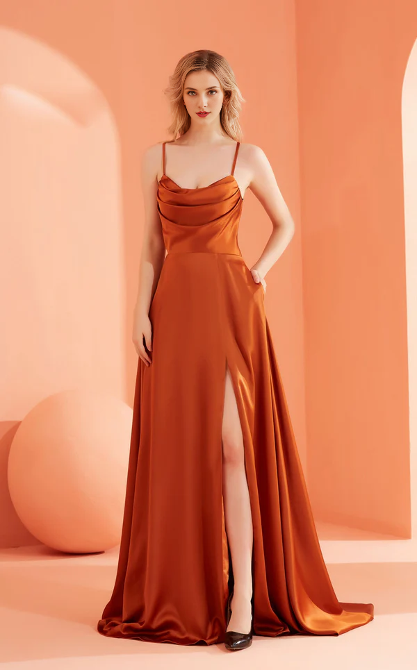 A-line square neckline sleeveless thin shoulder strap with side slits and floor length Prom dress