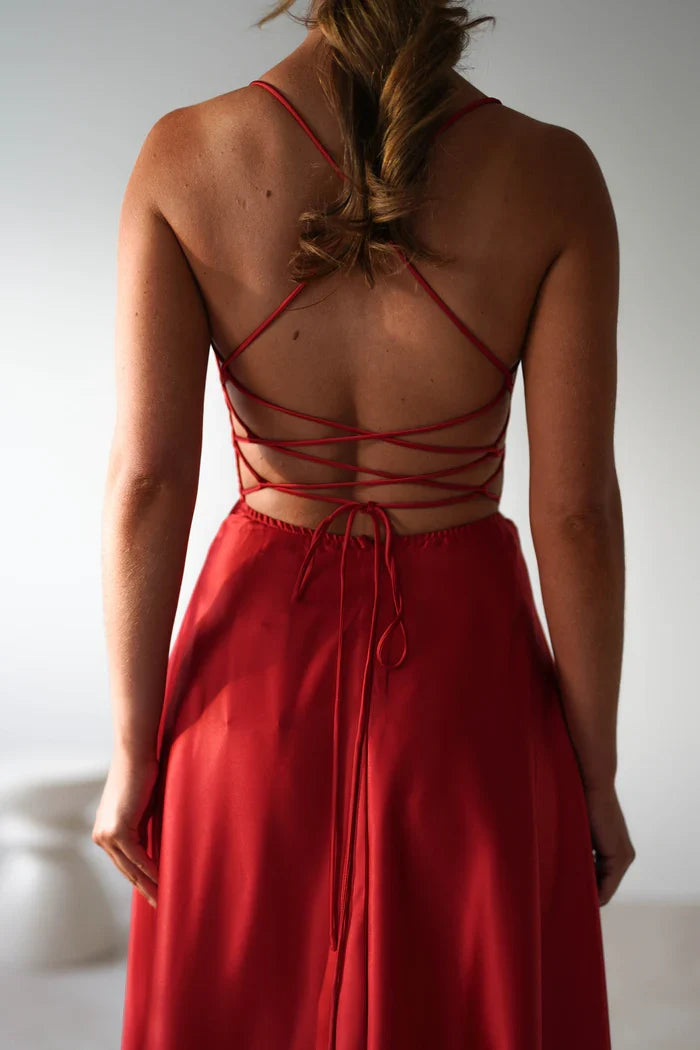 Thin shoulder strap square collar exposed back side slit and floor length Prom Dress - Dress