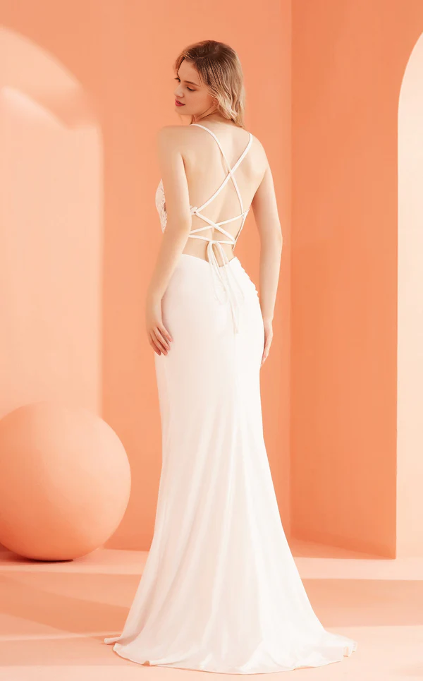 Deep V-neck floral embroidery tight fitting clothing and floor length Prom dress