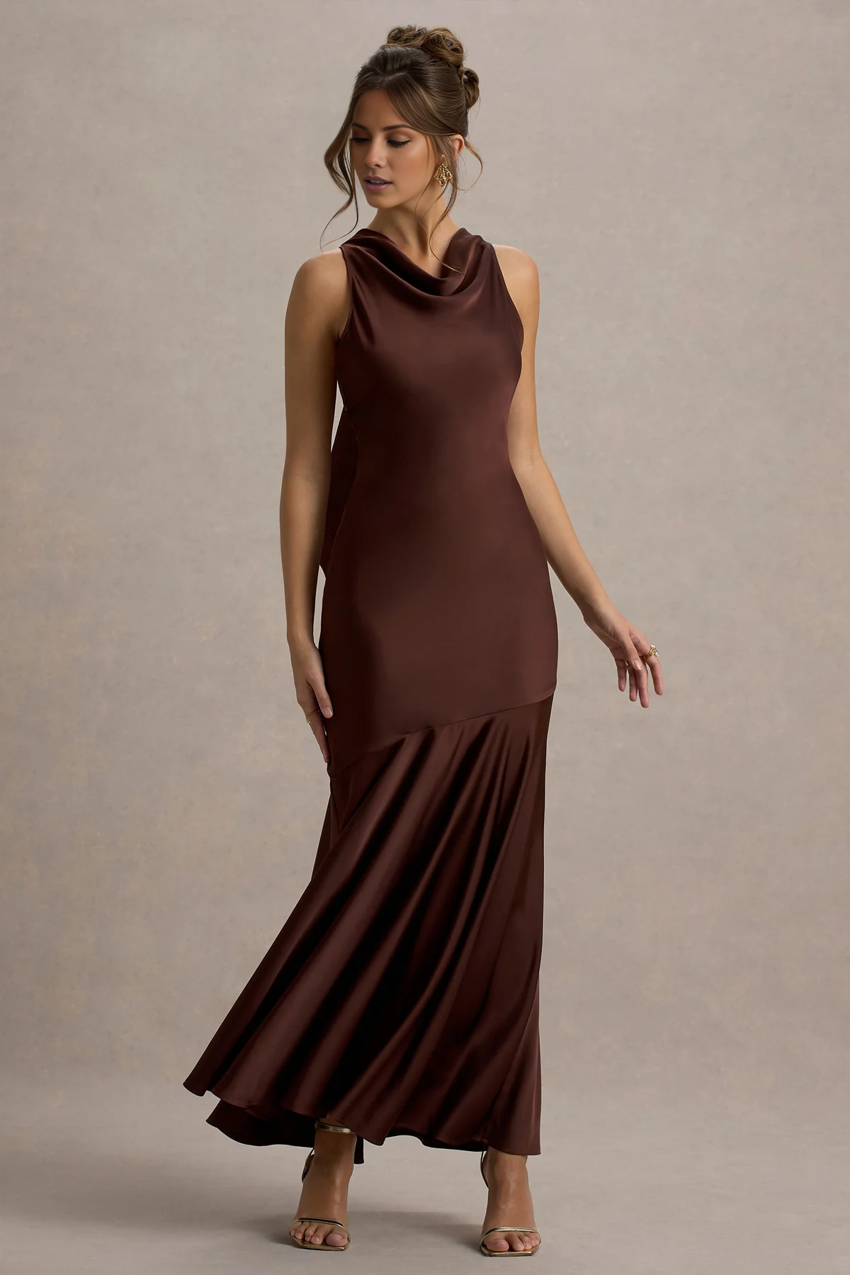 Satin high neck backless and floor length evening dress - dress