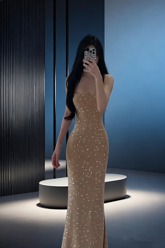 Champagne-colored halter-neck fitted slim-fit rhinestone bodycon sexy ball gown R8035
