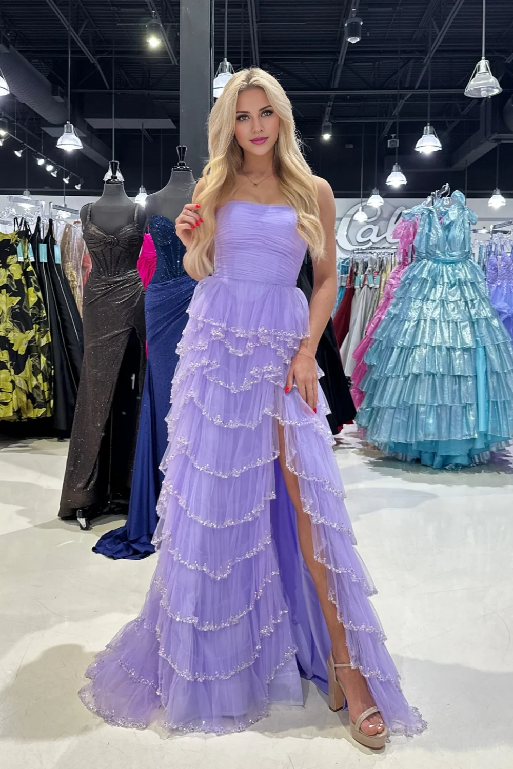 off shoulder light blue sequined layered A-line long dress