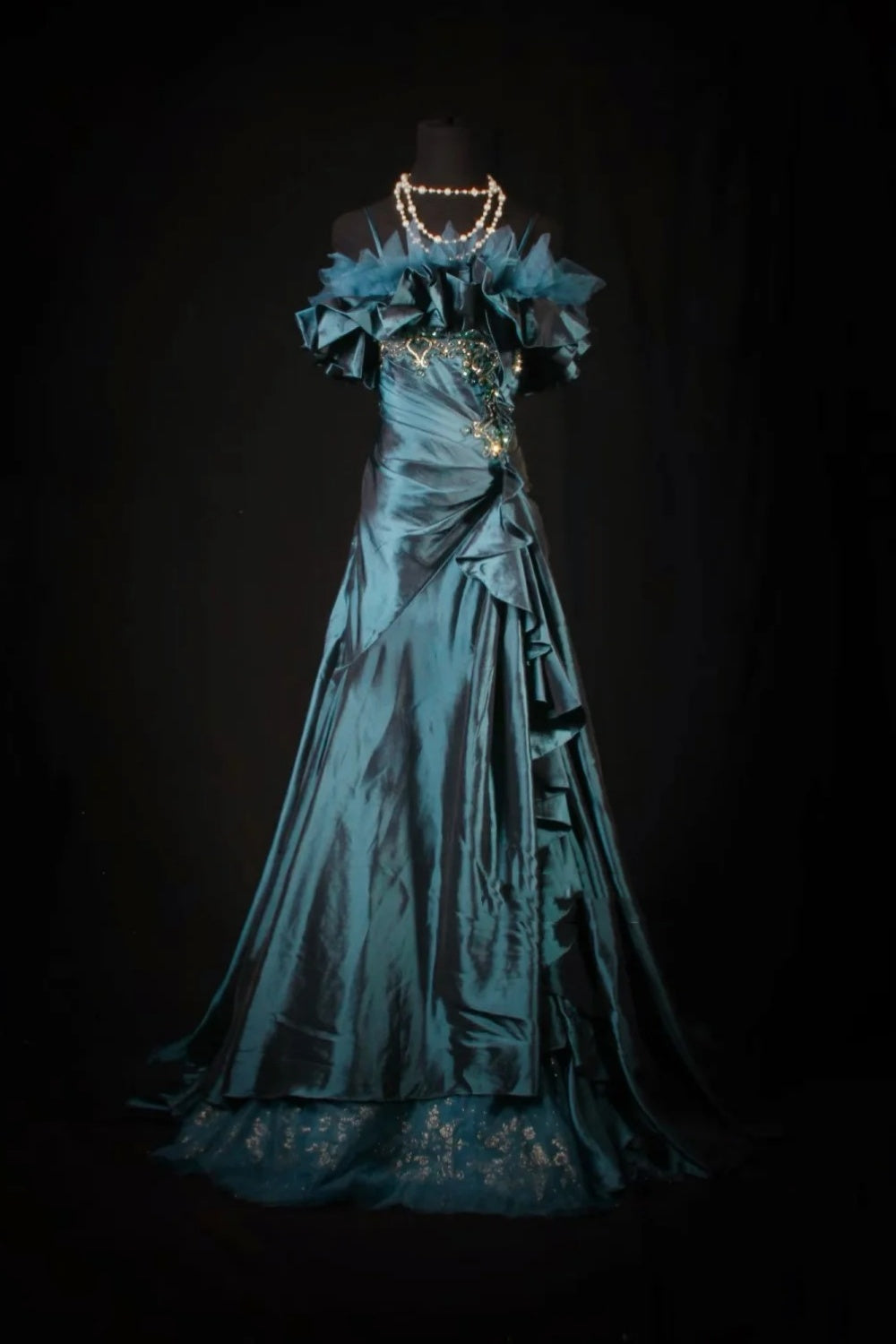 Peacock Blue Satin Long Dress: Cold-shoulder Ruffles, Luxury Banquet Wear gh6574