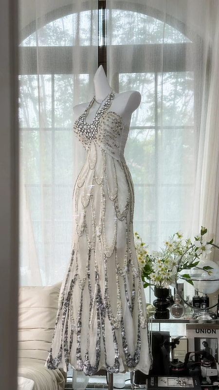 White halter-neck, fitted waist, long, elegant sequined ball gown R7644