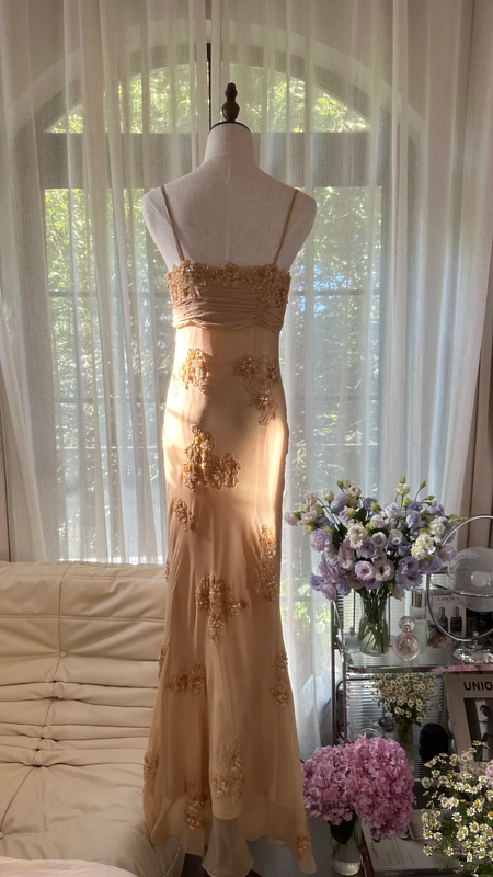 Light brown halter-neck long ball gown R7756