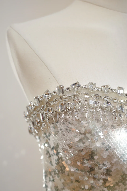 Silver strapless fitted long ball gown, bridal dress R8521