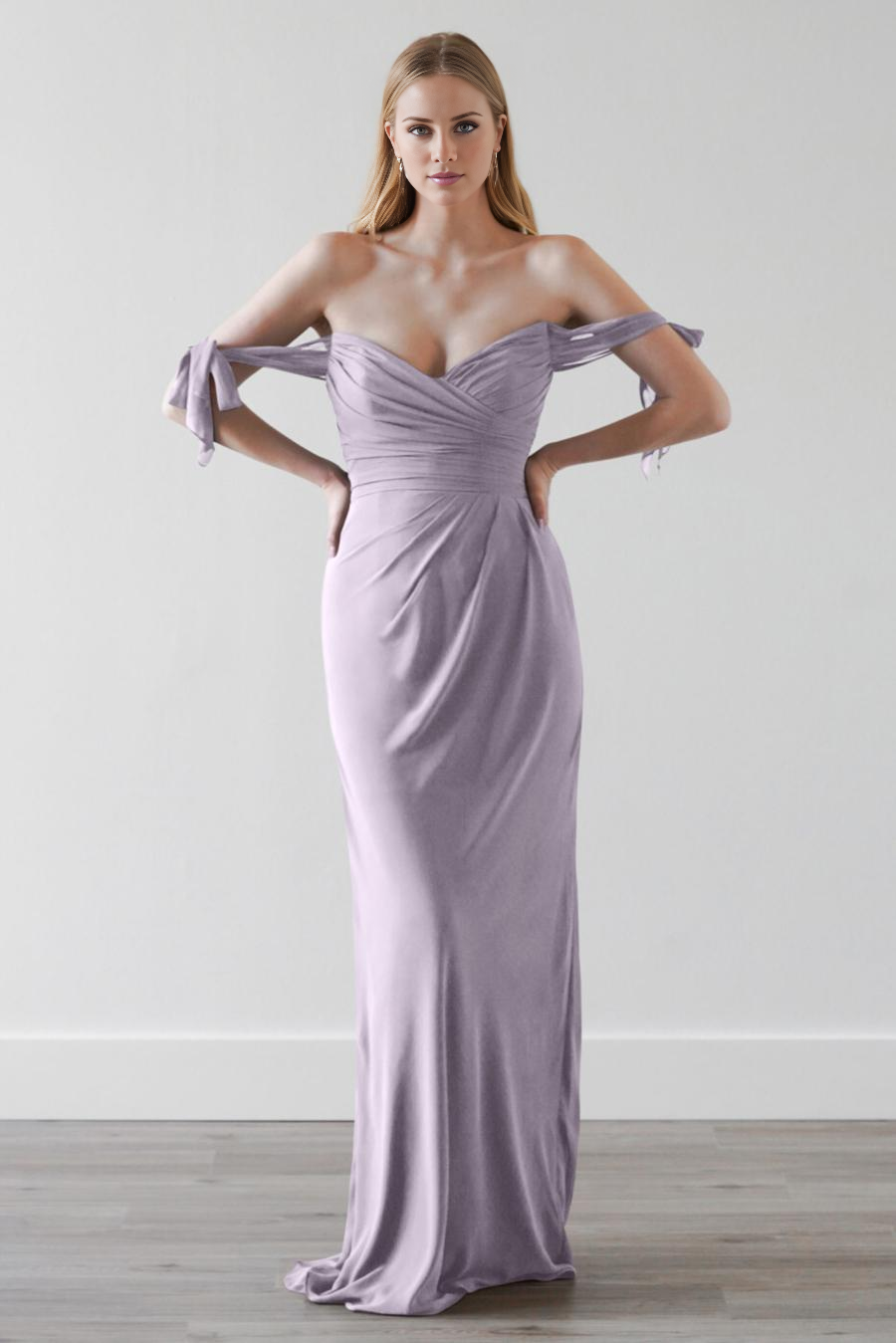 off shoulder collar strapless backless and floor length evening dress