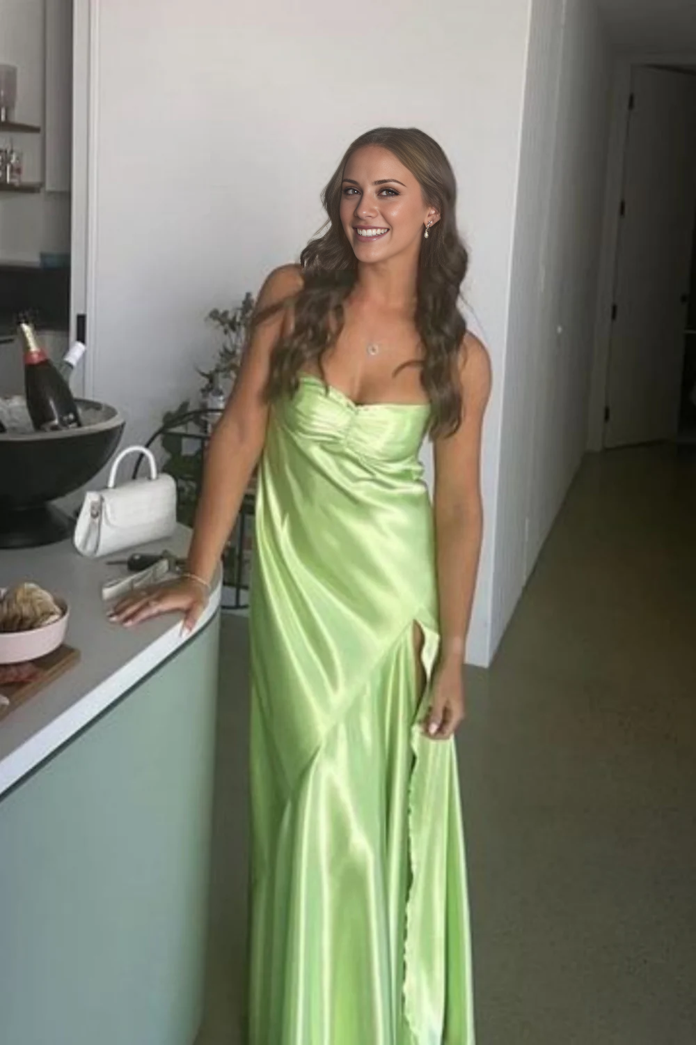 thin shoulder strap pleated slit evening dress