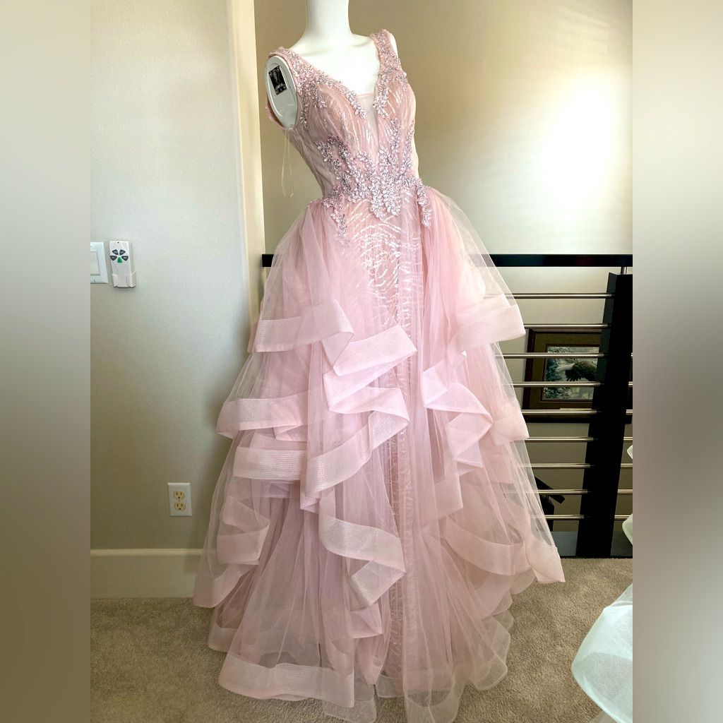 Glamorous Pink V-Neck Beaded Tulle Tiered Ruffle Sweet 15 Quinceanera Ball Gown TP5809
