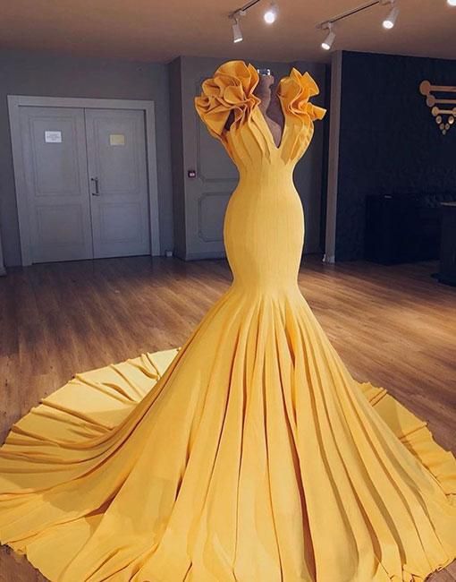 yellow v neck long prom gown mermaid evening dress