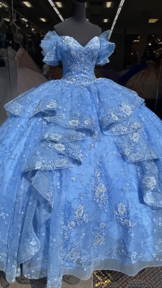 Off Shoulder Blue Quinceañera Dress Party Ball Gown