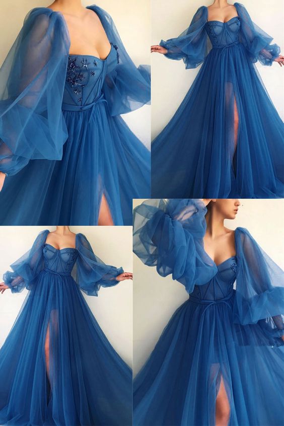 Puff Sleeve Prom Dresses tulle prom dress evening dress long formal gown