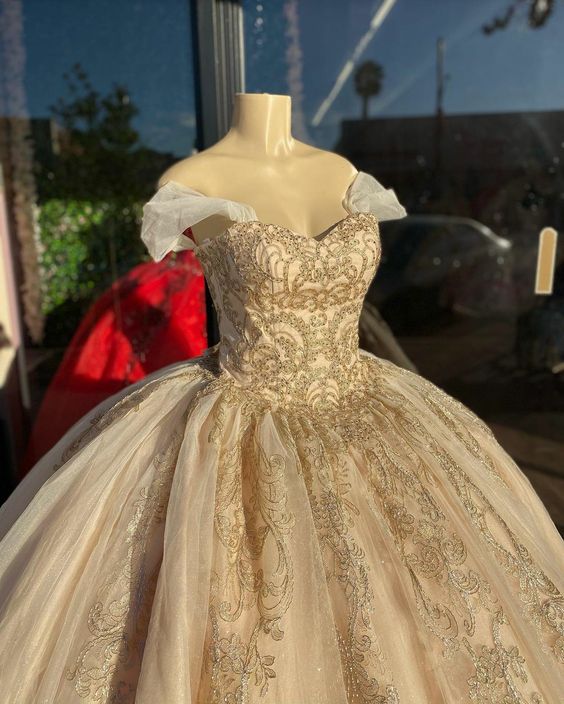 Off Shoulder Champagne Quinceañera Dress Party Ball Gown