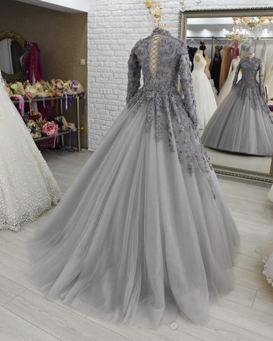 Long Sleeves Grey Formal Occasion Dresses Evening Gowns