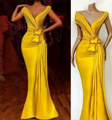 African Yellow Prom Dresses With Pleats Knoted Deep V Neck Mermaid Evening Dress Formal Celebrity Party Gowns