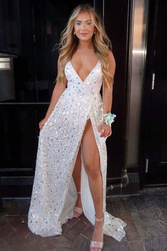 Sexy Deep V-Neck White Sequined Prom Gown fg1128
