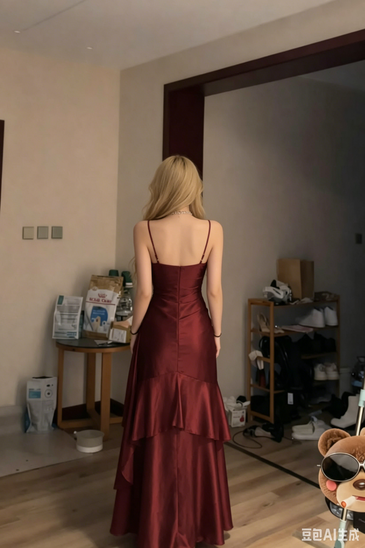 Vintage Burgundy Satin Spaghetti Strap Tiered Evening Gown TP5854
