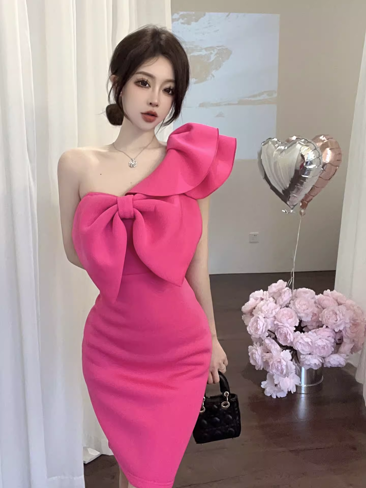 Fashion Rose Pink One- shoulder Bow Design A-line Homecoming Dress TP3687