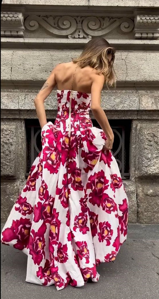 girlhomeshops-Red Floral Long Satin Chiffon Ball Gown Graduation Dress gh5928