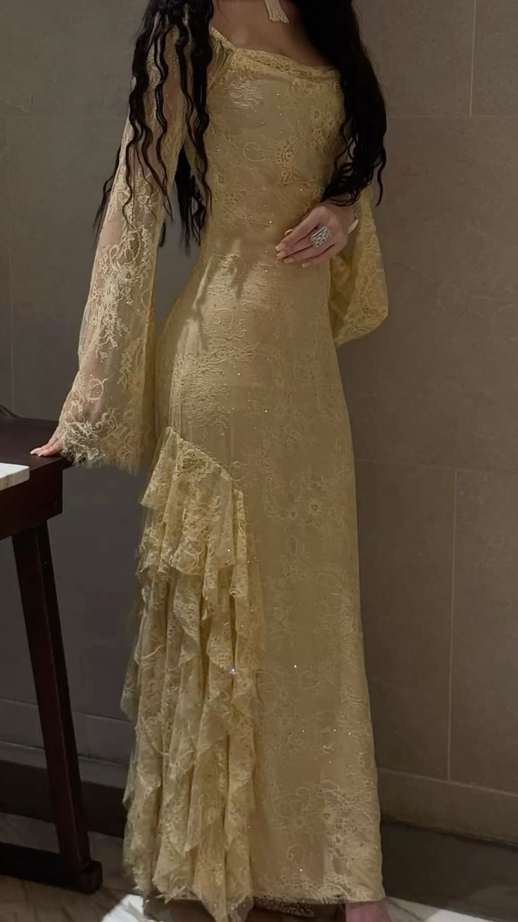 Classy Yellow Lace Mermaid Long Wedding Guest Dress Birthday Party Dress SP1215