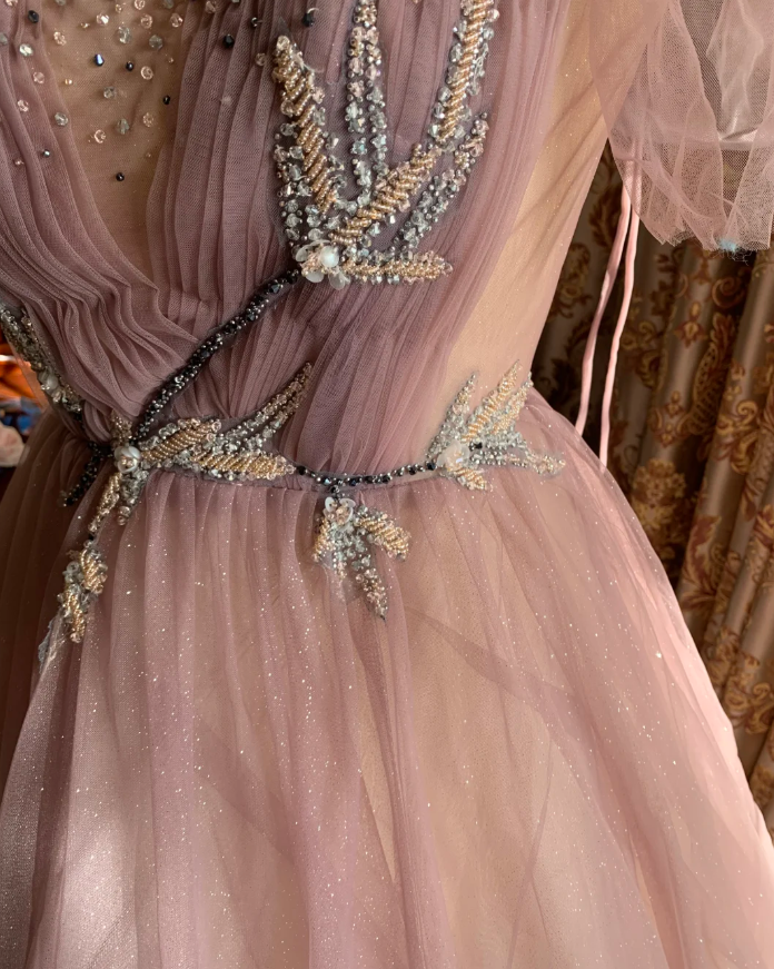 Sweet Tulle Sequin Beaded Ball Gown Pink Long Evening Dress Birthday Party Dress