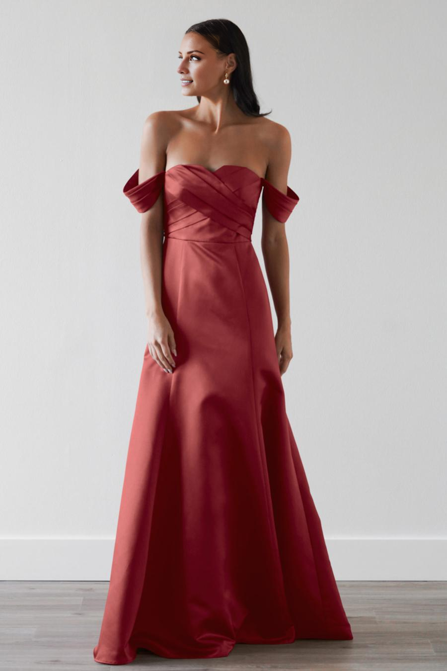 off shoulder collar pleated backless and floor length evening dress