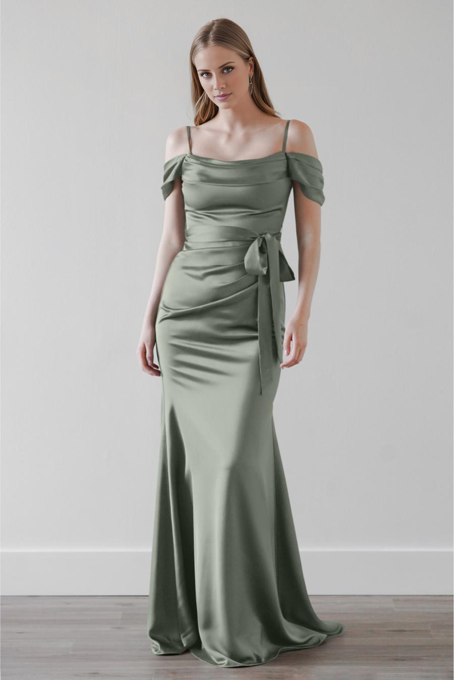 off shoulder collar thin shoulder straps backless and floor length evening dress
